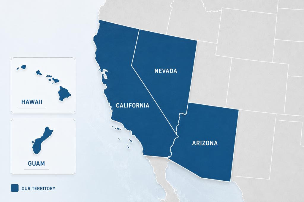 Map showing California, Nevada, Arizona, Hawaii, and Guam in focus